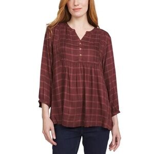 Wrangler Maroon Plaid Blouse 3/4 Sleeve Quarter Button Up Women’s Western